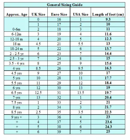 shoe sizing chart
