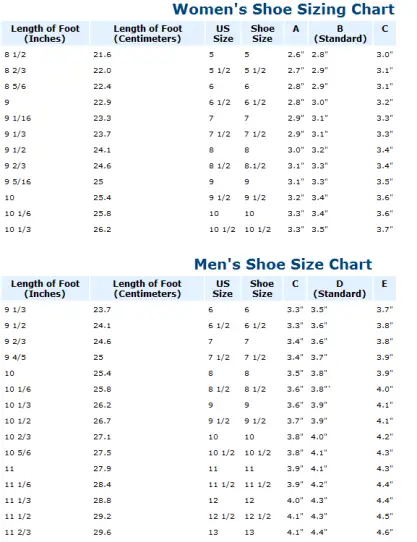 shoe sizing chart